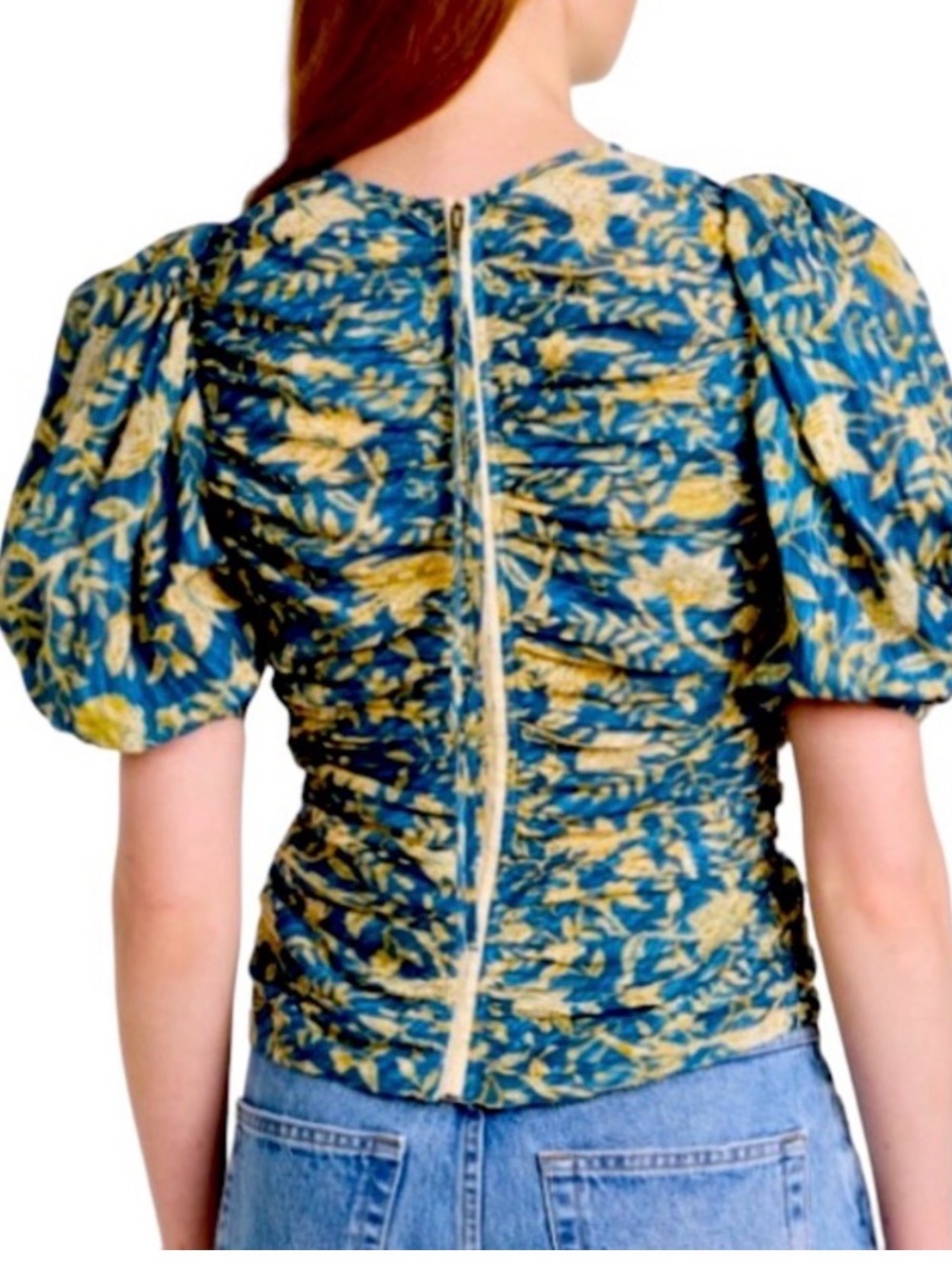 Ulla Johnson Blue and Yellow Ruched Puff-Sleeve Blouse